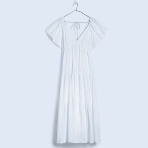 NWT Madewell White Crinkled Georgette Maxi Dress V-Neck Flutter Sleeves Size 8